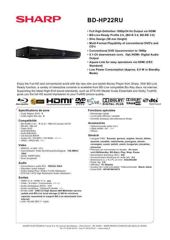 Guide utilisation SHARP BD-HP22RU  de la marque SHARP