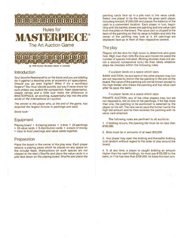 Guide utilisation HASBRO MASTERPIECE THE ART AUCTION GAME  de la marque HASBRO