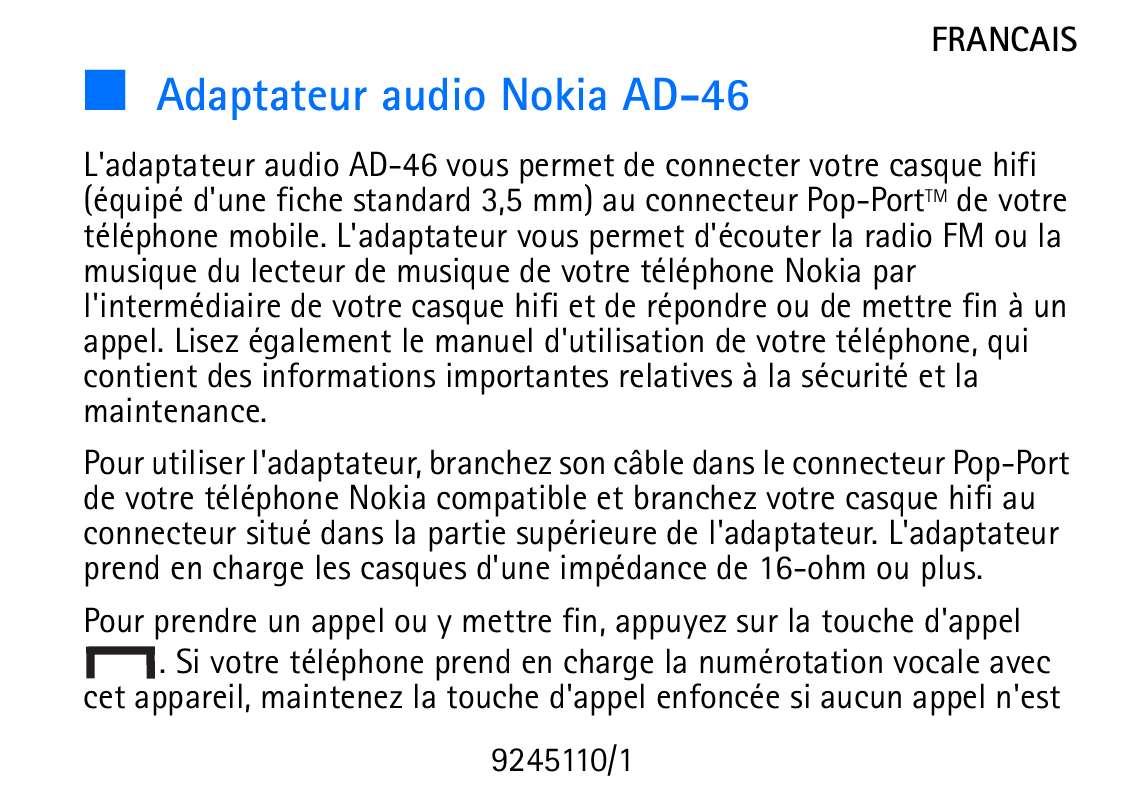 Guide utilisation NOKIA AUDIO ADAPTER AD-46  de la marque NOKIA
