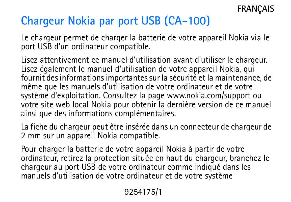 Guide utilisation NOKIA CHARGER VIA USB PORT CA-100  de la marque NOKIA