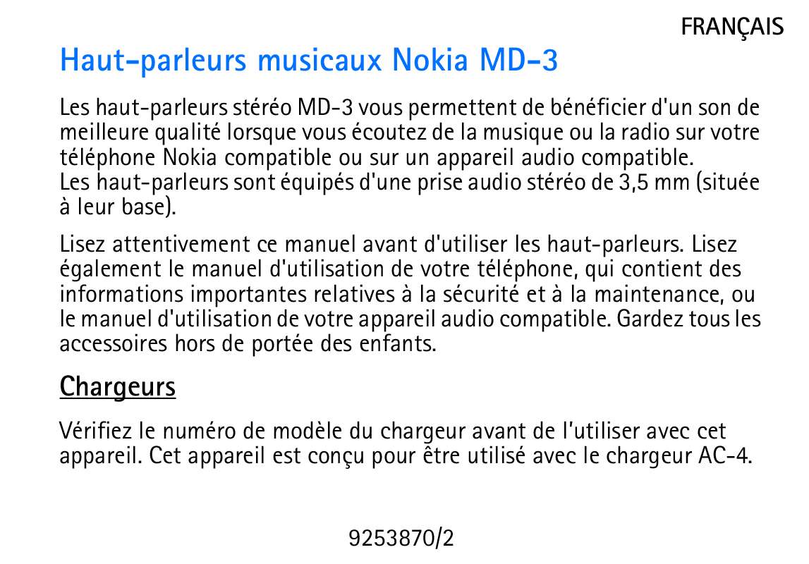 Guide utilisation NOKIA MUSIC SPEAKERS MD-3  de la marque NOKIA