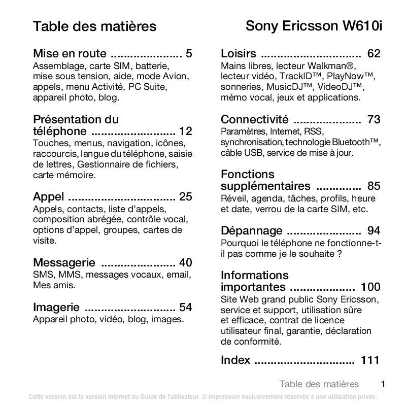 Guide utilisation SONY ERICSSON W610  de la marque SONY ERICSSON