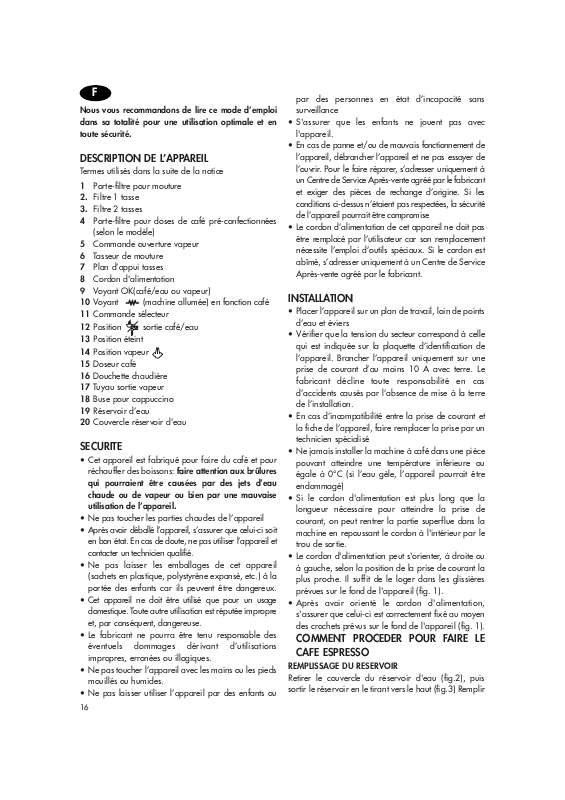 Guide utilisation DELONGHI EC 190 de la marque DELONGHI