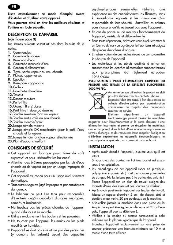 Guide utilisation DELONGHI EC 330 S de la marque DELONGHI