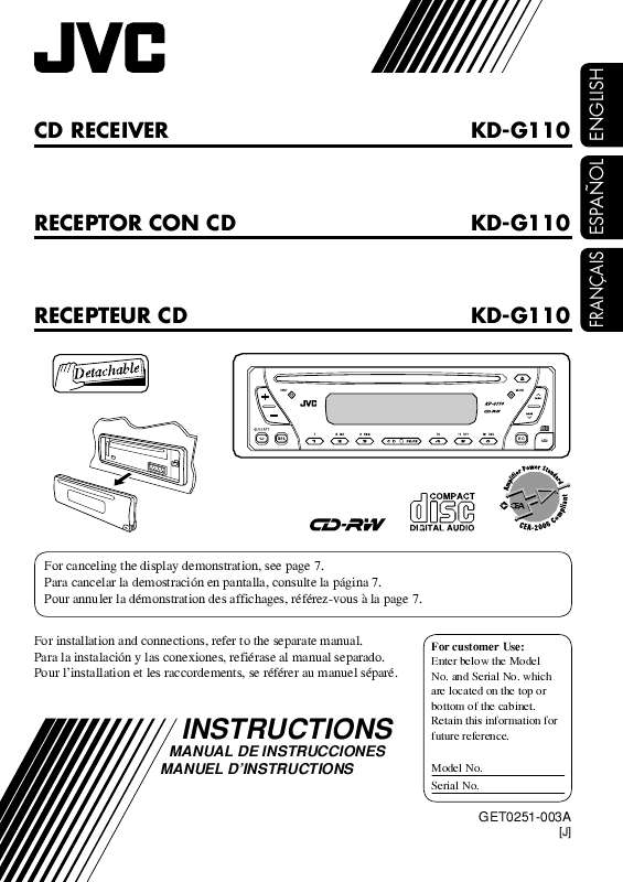 Guide utilisation JVC KD-G110  de la marque JVC