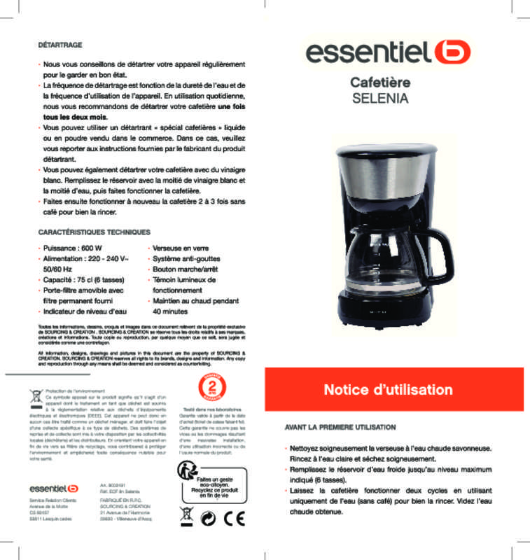 Guide utilisation ESSENTIELB ECF 8N SELENIA de la marque ESSENTIELB