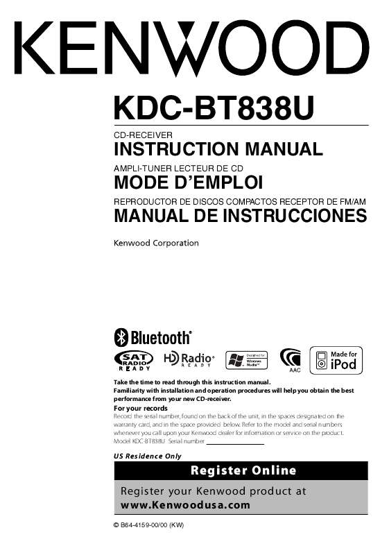Guide utilisation KENWOOD KDC-BT838U  de la marque KENWOOD