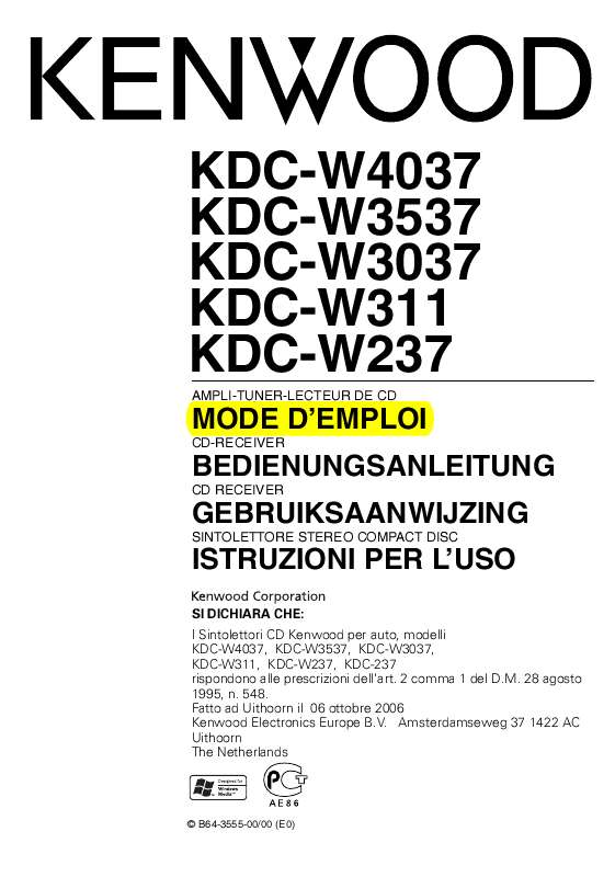 Guide utilisation KENWOOD KDC-W311A  de la marque KENWOOD