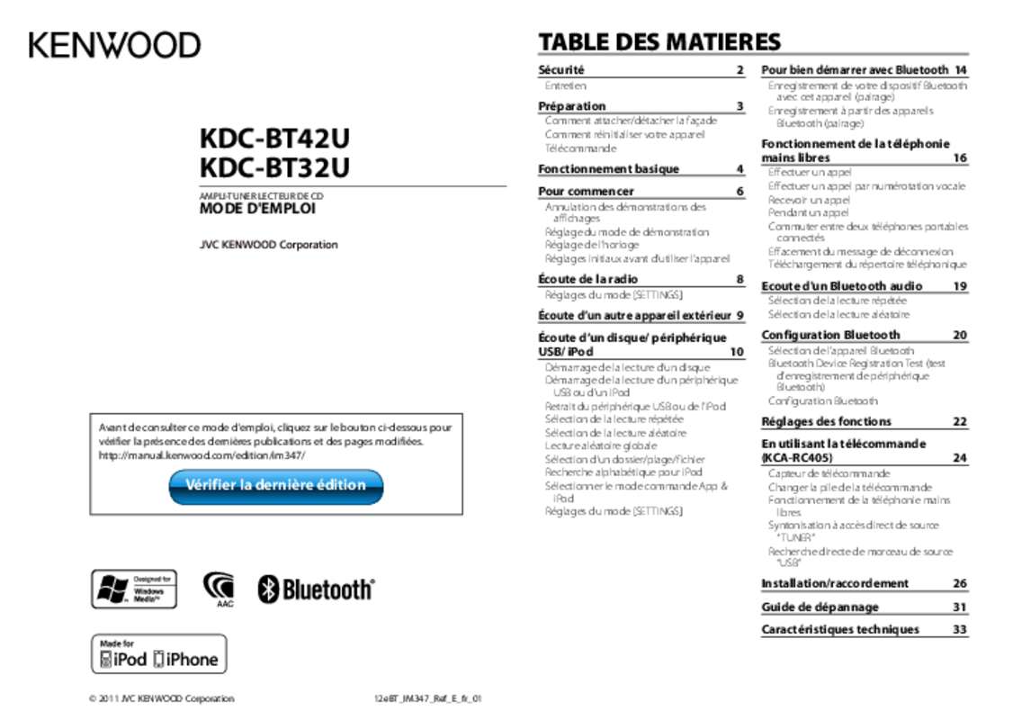 Guide utilisation KENWOOD KDC-BT32U  de la marque KENWOOD