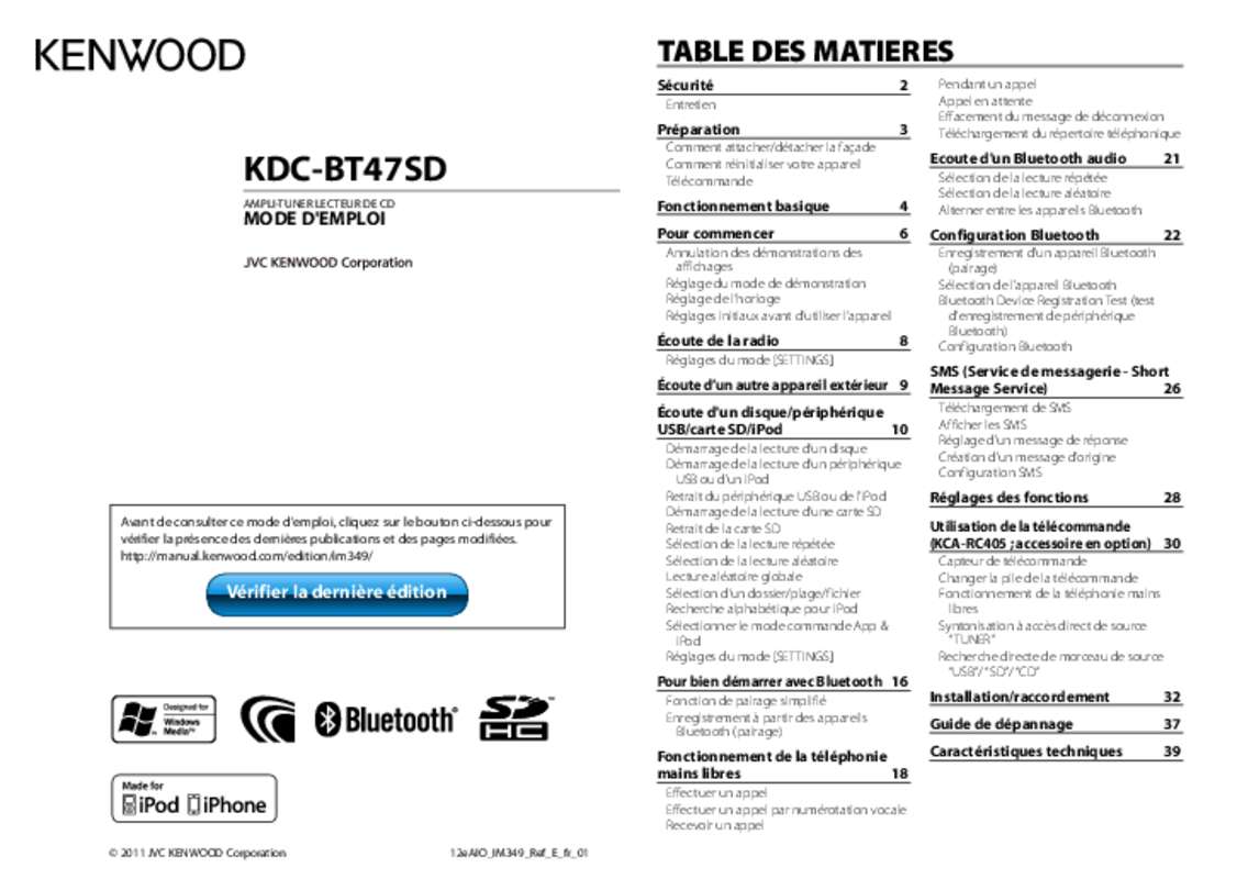 Guide utilisation KENWOOD KDC-BT47SD  de la marque KENWOOD