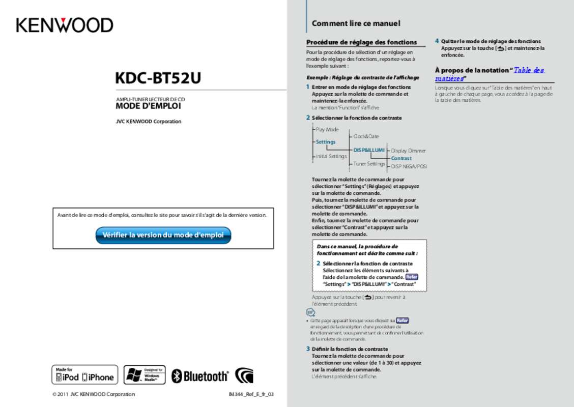 Guide utilisation KENWOOD KDC-BT52U  de la marque KENWOOD