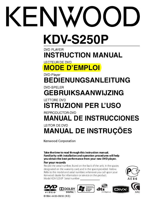 Guide utilisation KENWOOD KDV-S250P  de la marque KENWOOD