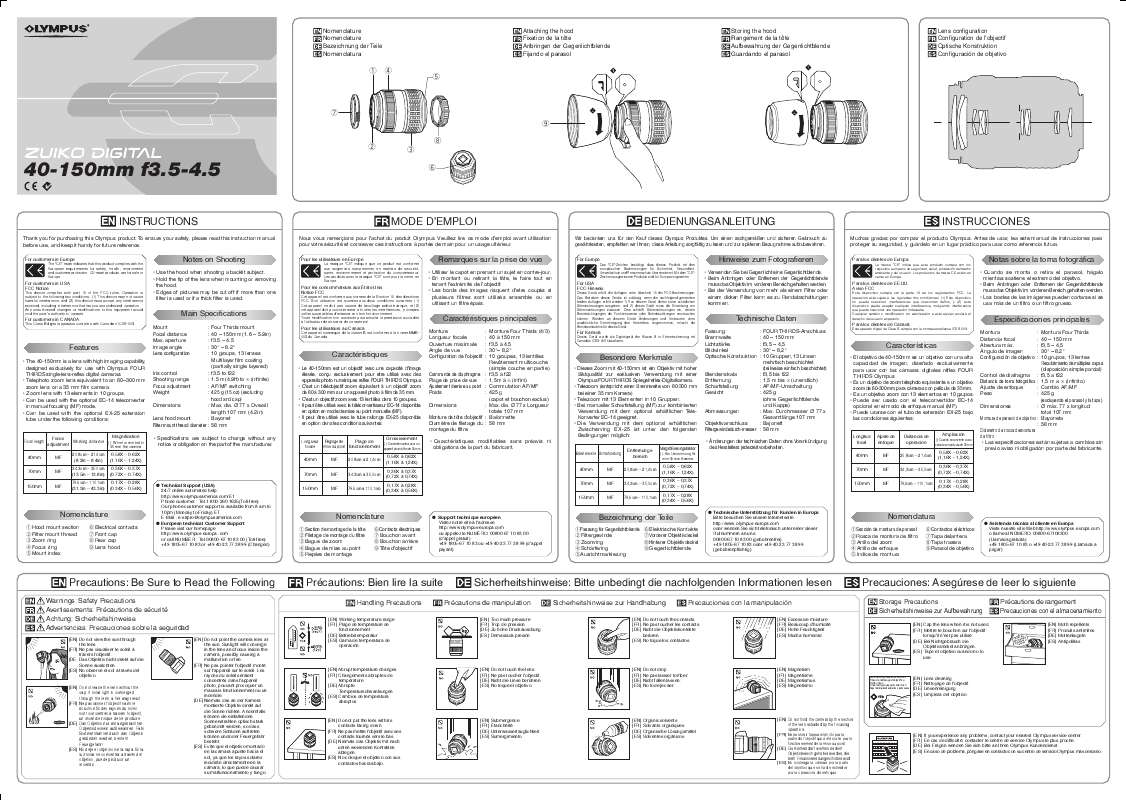 Guide utilisation OLYMPUS ZUIKO DIGITAL 40-150 MM 1:3.5-4.5  de la marque OLYMPUS