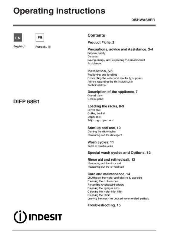 Guide utilisation INDESIT DIFP 68 B 1 AEU de la marque INDESIT