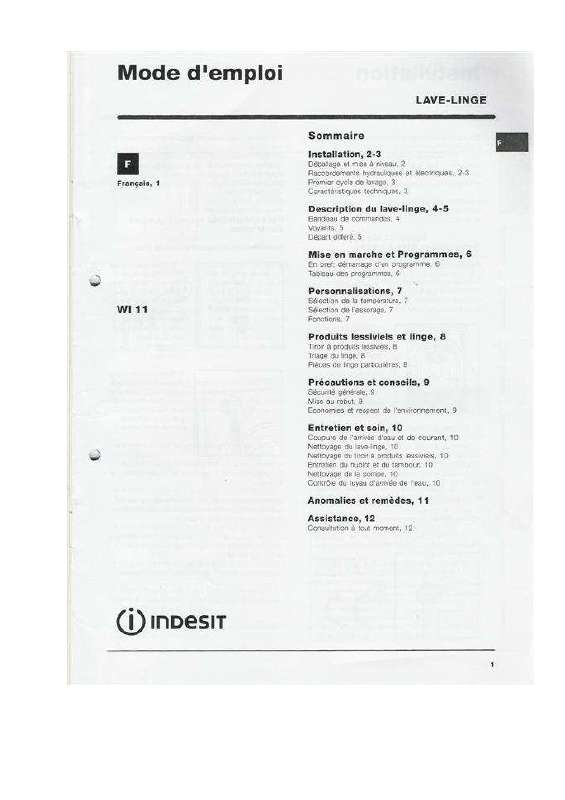 Guide utilisation INDESIT WI 11 de la marque INDESIT