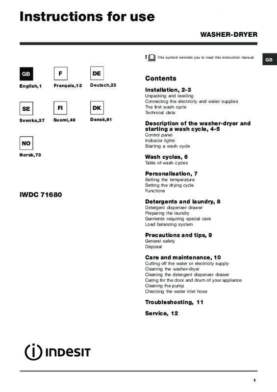 Guide utilisation INDESIT IWDC 71680  de la marque INDESIT