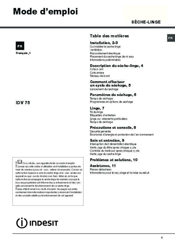 Guide utilisation INDESIT IDV 75 de la marque INDESIT