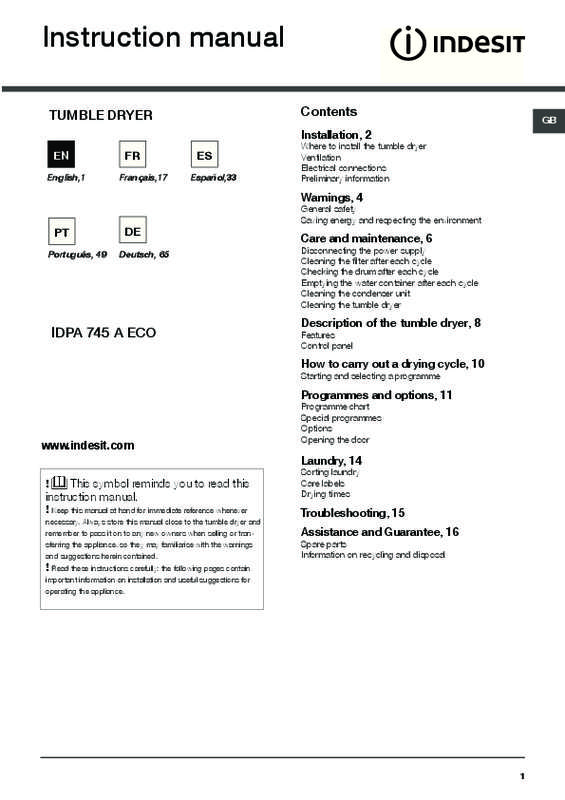 Guide utilisation INDESIT EDPA 745 A1 ECO EU de la marque INDESIT