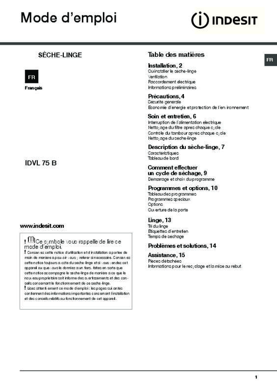 Guide utilisation INDESIT IDVL 75 B FR de la marque INDESIT