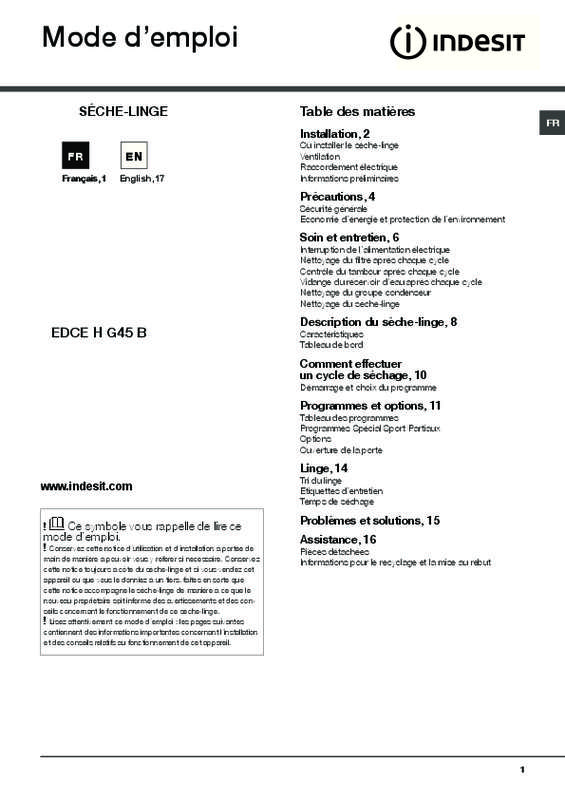 Guide utilisation INDESIT EDCE H G45 B de la marque INDESIT