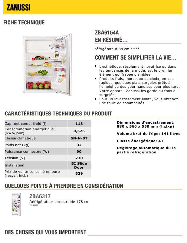 Guide utilisation ZANUSSI ZBA6154A  de la marque ZANUSSI