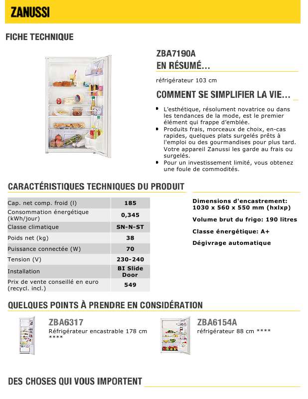 Guide utilisation ZANUSSI ZBA7190A  de la marque ZANUSSI