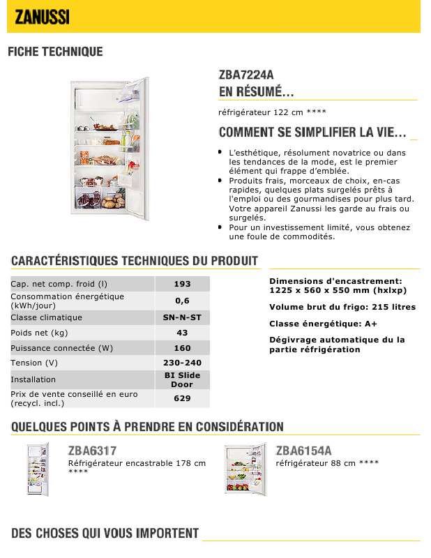 Guide utilisation ZANUSSI ZBA7224A  de la marque ZANUSSI