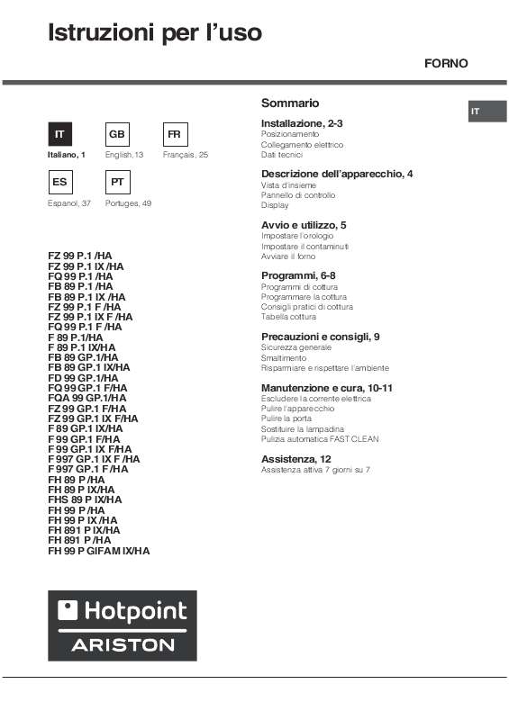 Guide utilisation HOTPOINT FHS 89 P IX/HA de la marque HOTPOINT