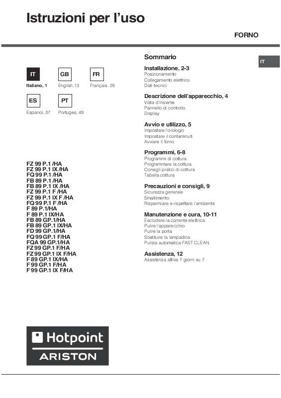 Guide utilisation HOTPOINT FZ 99 GP.1 de la marque HOTPOINT