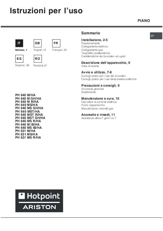 Guide utilisation HOTPOINT PH 640 MS de la marque HOTPOINT