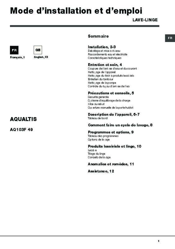 Guide utilisation HOTPOINT AQ103F 49 FR de la marque HOTPOINT