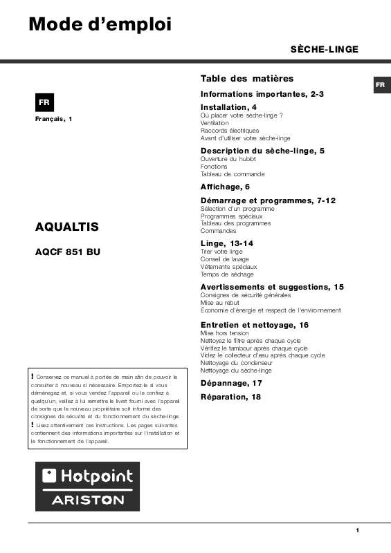 Guide utilisation HOTPOINT AQCF 851 B U de la marque HOTPOINT