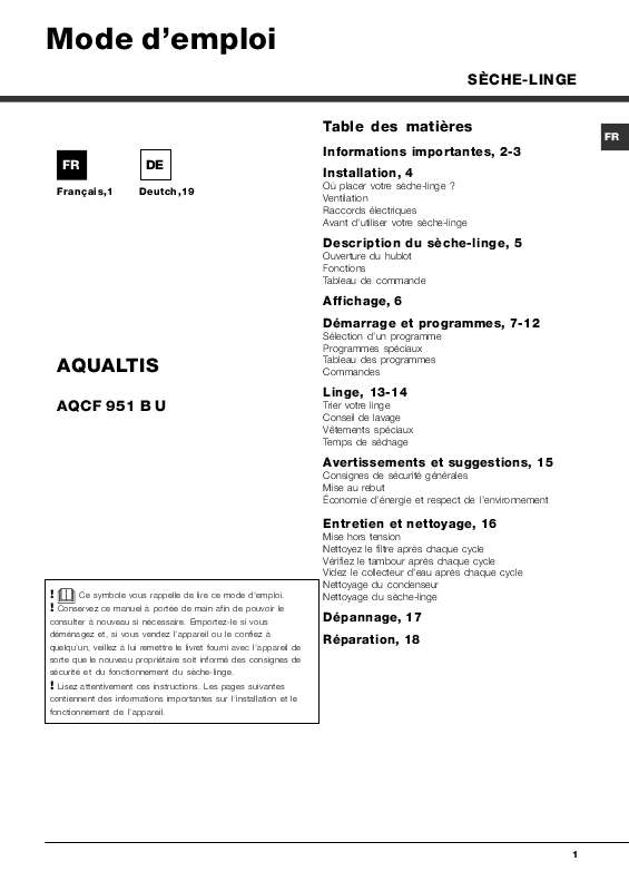 Guide utilisation HOTPOINT AQCF 951 B U de la marque HOTPOINT