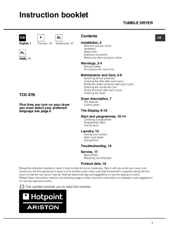Guide utilisation HOTPOINT TCD 87 B 6K de la marque HOTPOINT