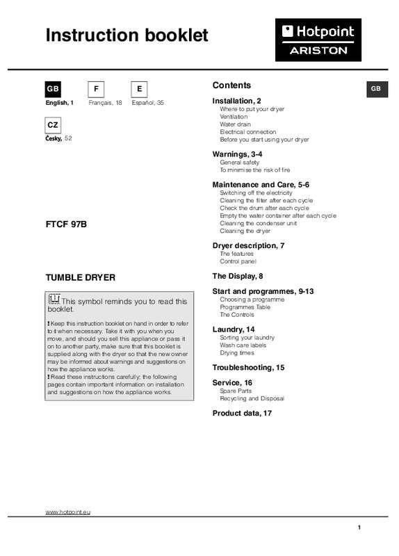 Guide utilisation HOTPOINT FTCF 97B 6HY de la marque HOTPOINT