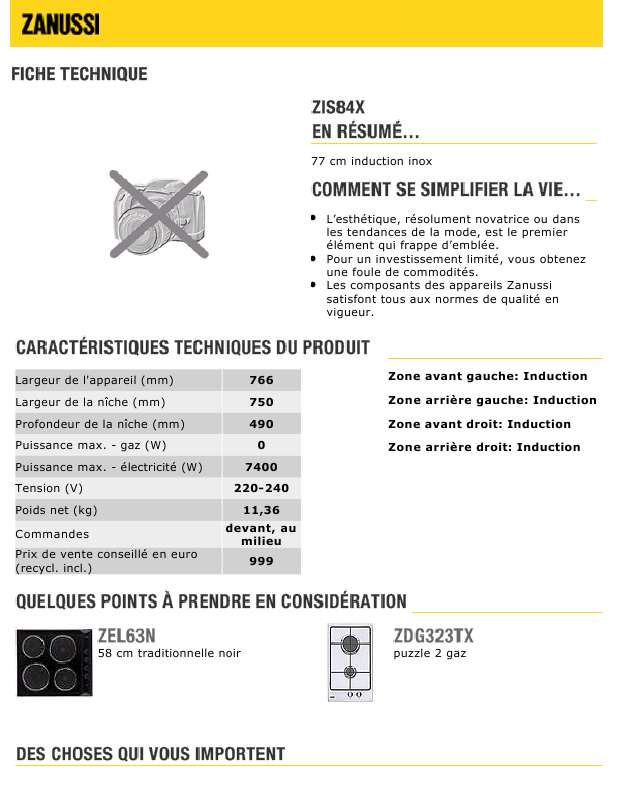 Guide utilisation  ZANUSSI ZIS84X  de la marque ZANUSSI