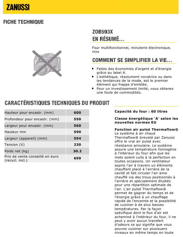 Guide utilisation ZANUSSI ZOB593X  - DATASHEET de la marque ZANUSSI