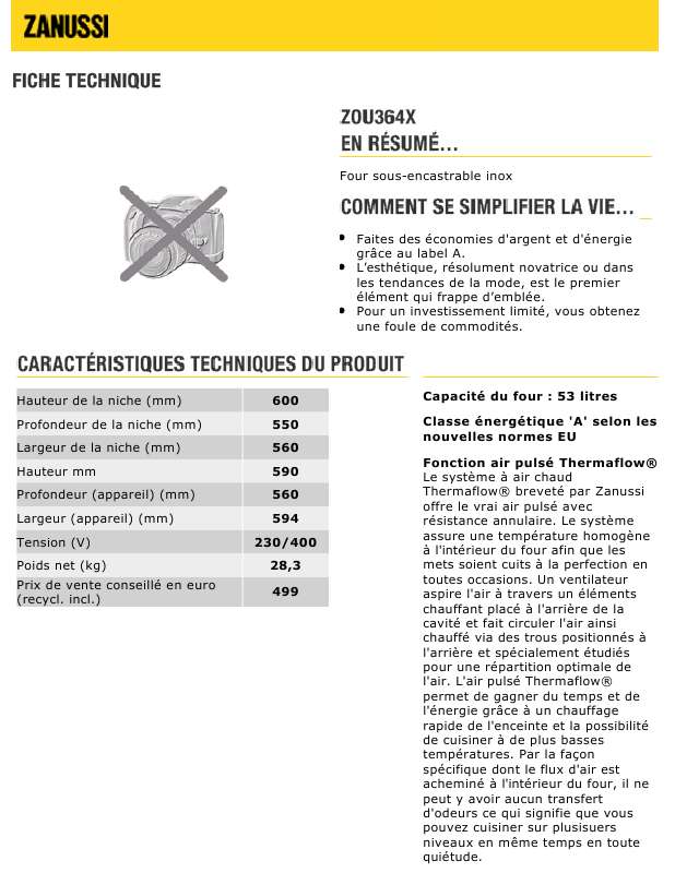 Guide utilisation  ZANUSSI ZOU364X  de la marque ZANUSSI