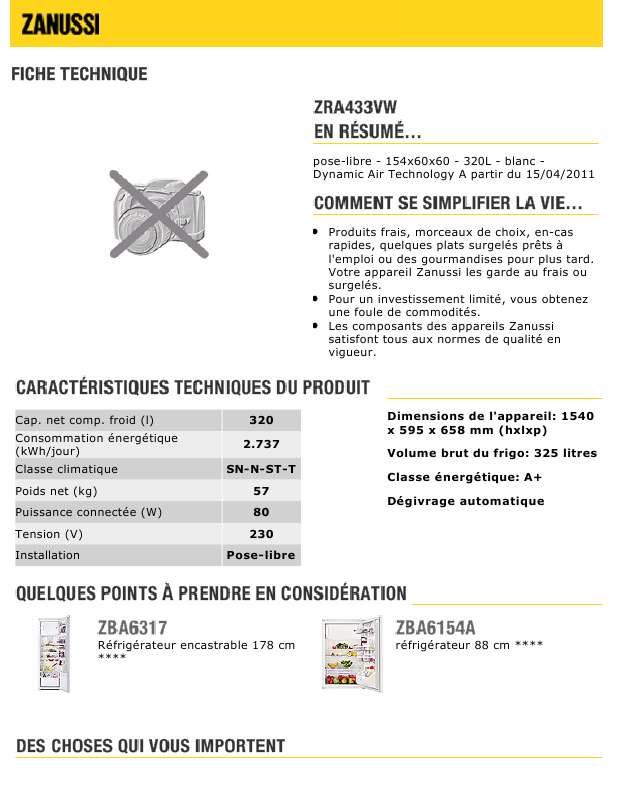 Guide utilisation  ZANUSSI ZRA433VW  de la marque ZANUSSI