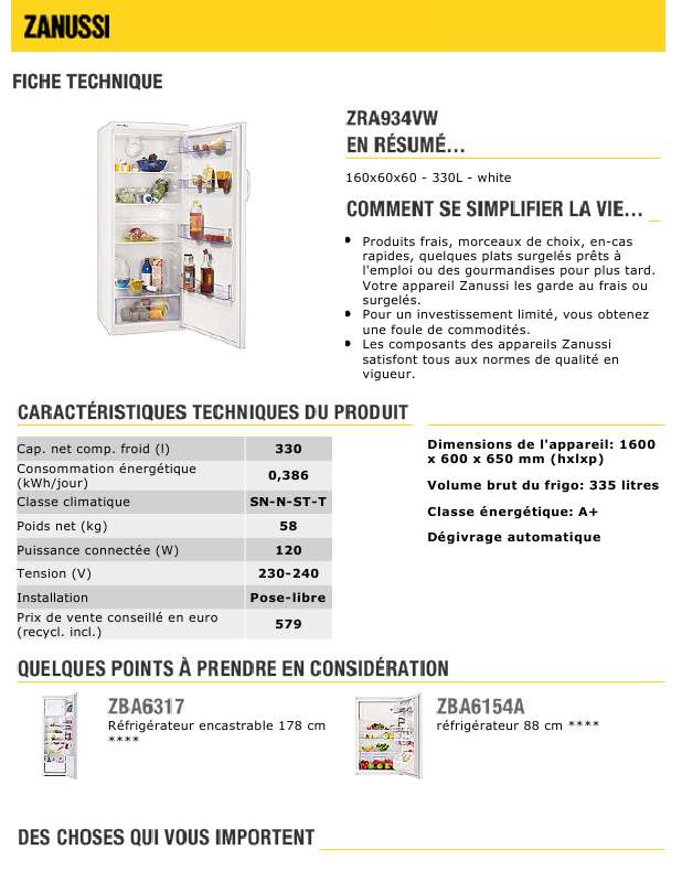 Guide utilisation  ZANUSSI ZRA934VW  de la marque ZANUSSI