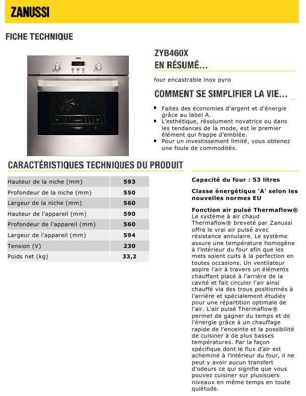 Guide utilisation  ZANUSSI ZYB460X  de la marque ZANUSSI