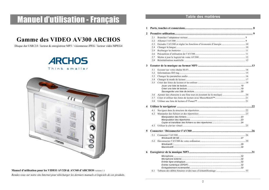 Guide utilisation ARCHOS AV340  de la marque ARCHOS