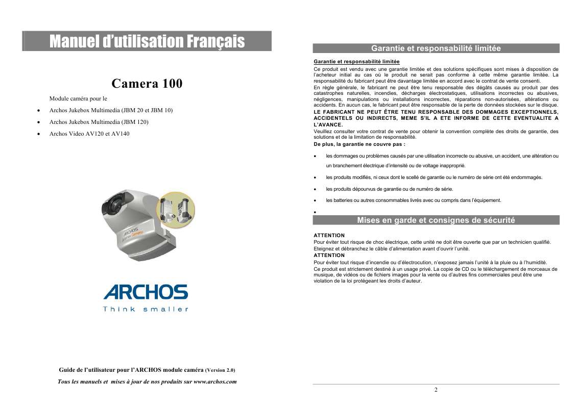 Guide utilisation ARCHOS CAMERA 100  de la marque ARCHOS