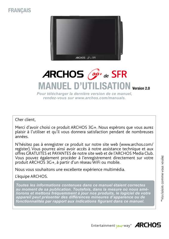 Guide utilisation ARCHOS 3G+ DE SFR  de la marque ARCHOS