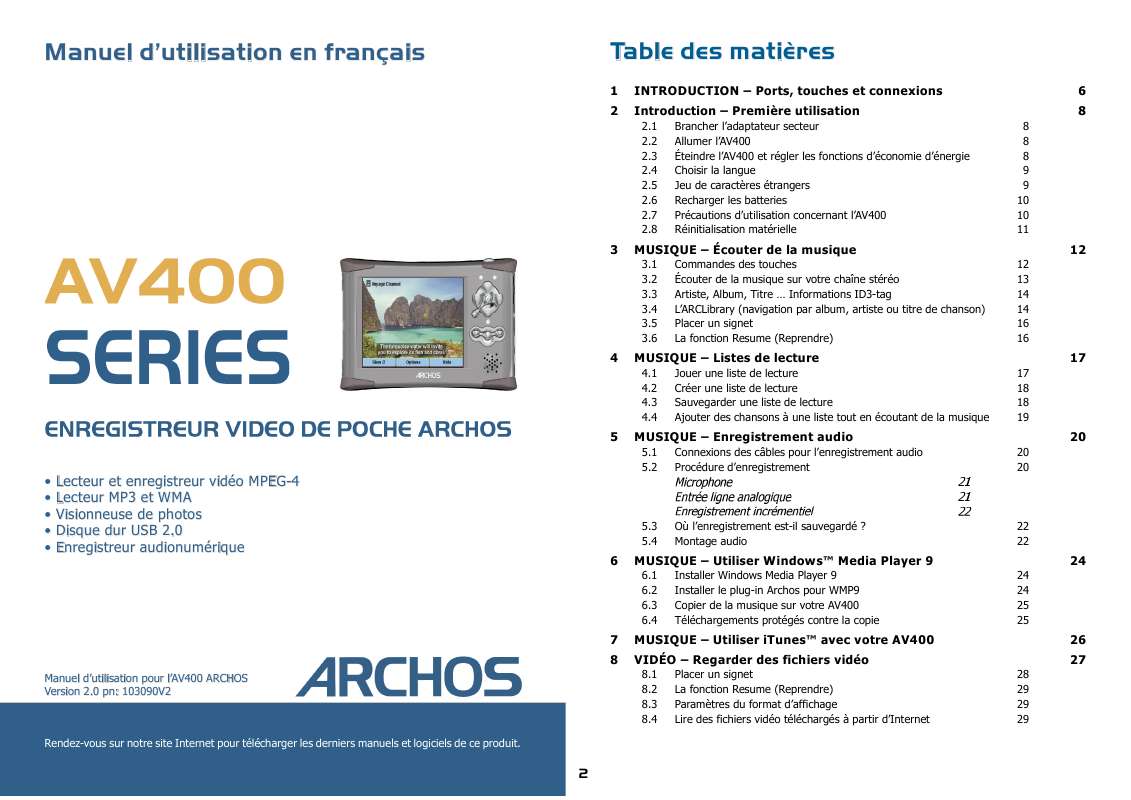 Guide utilisation ARCHOS AV 400  de la marque ARCHOS