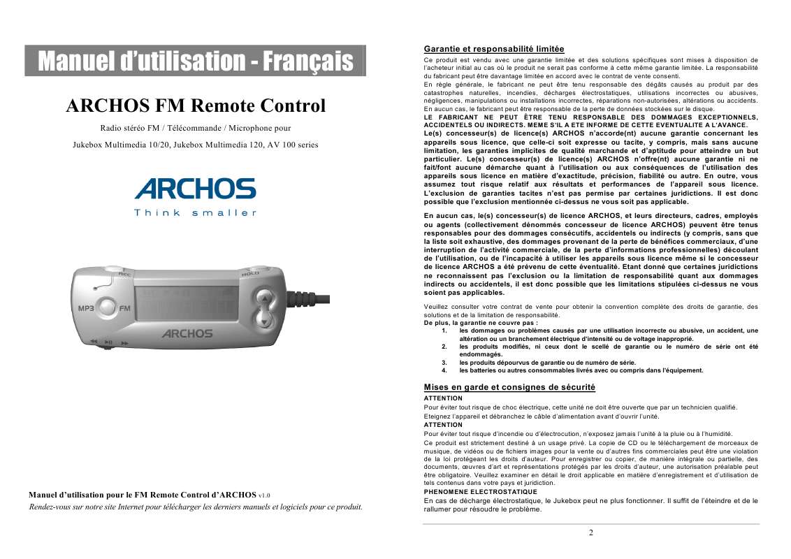 Guide utilisation ARCHOS AV100  de la marque ARCHOS
