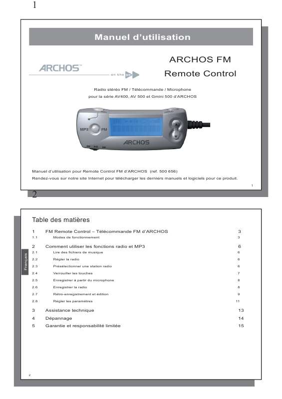 Guide utilisation ARCHOS FM REMOTE CONTROL  de la marque ARCHOS