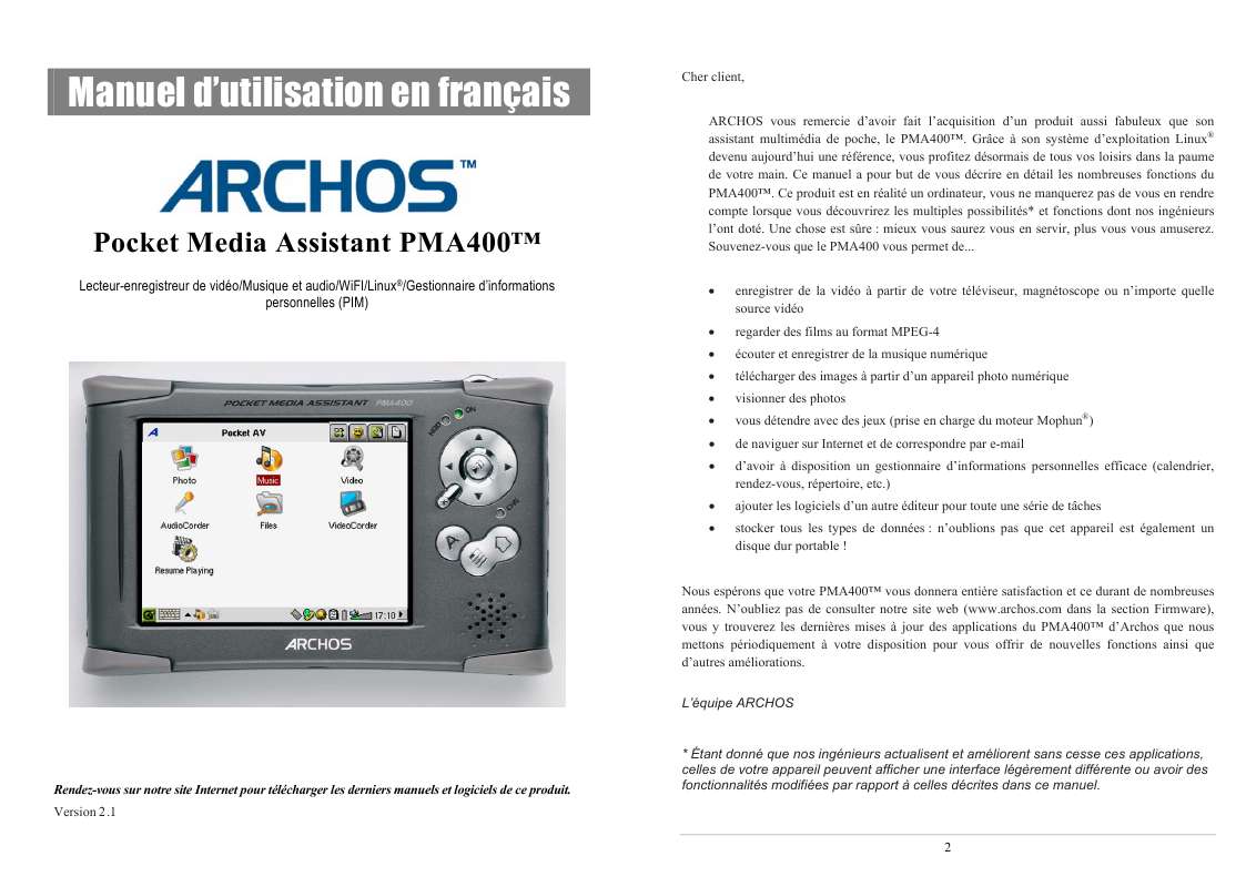 Guide utilisation ARCHOS POCKET MEDIA ASSISTANT PMA400  de la marque ARCHOS