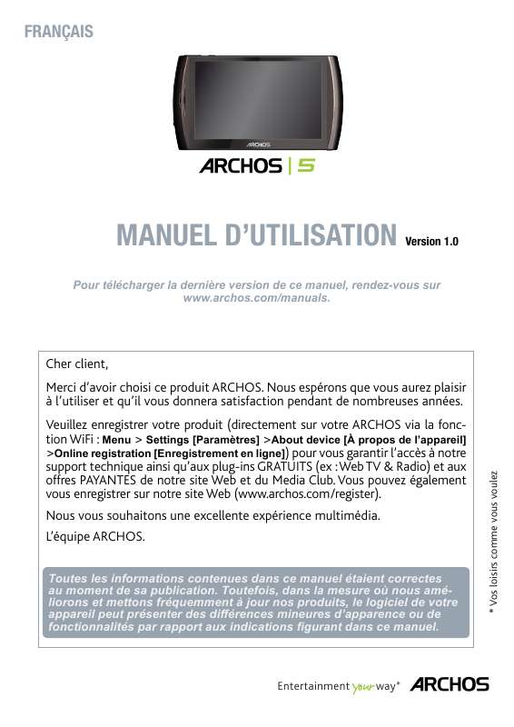 Guide utilisation ARCHOS ARCHOS 5 INTERNET TABLET  de la marque ARCHOS