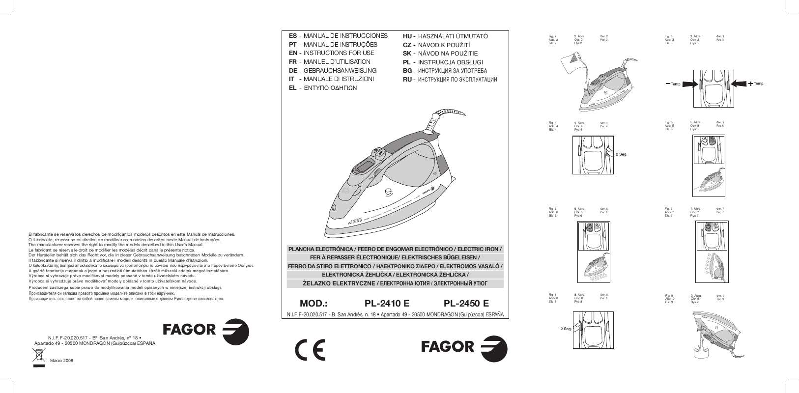 Guide utilisation FAGOR PL-2450 E  de la marque FAGOR